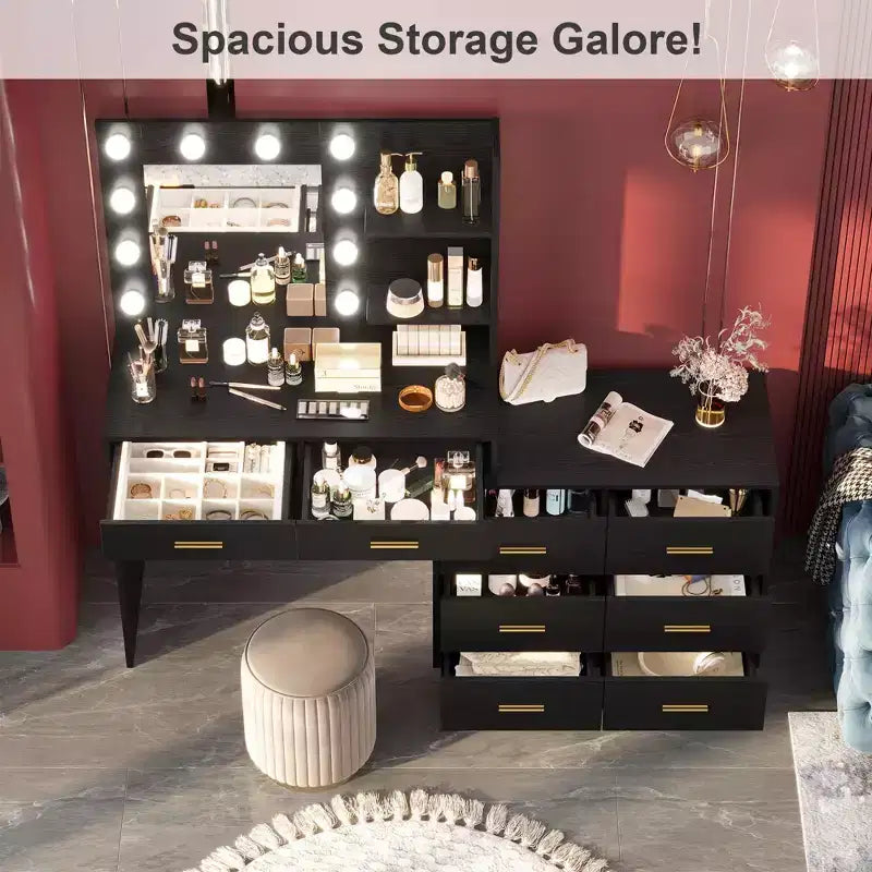 61 Inch Makeup Vanity Desk with Mirror and Lights, Vanity Table with 8 Drawers, 3 Color Modes Dimmable Lights, Shelves for Bedroom