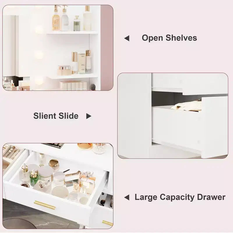 61 Inch Makeup Vanity Desk with Mirror and Lights, Vanity Table with 8 Drawers, 3 Color Modes Dimmable Lights, Shelves for Bedroom