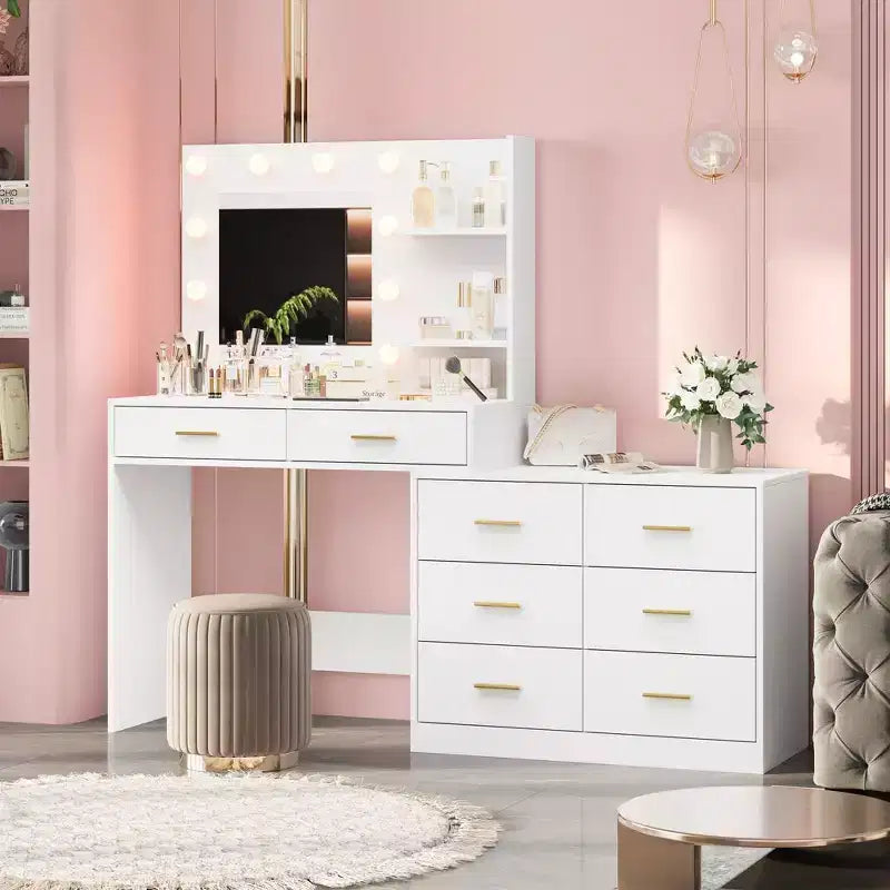 61 Inch Makeup Vanity Desk with Mirror and Lights, Vanity Table with 8 Drawers, 3 Color Modes Dimmable Lights, Shelves for Bedroom
