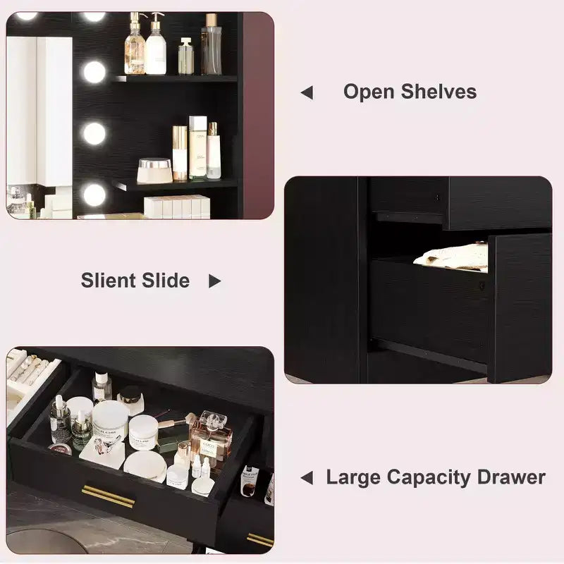 61 Inch Makeup Vanity Desk with Mirror and Lights, Vanity Table with 8 Drawers, 3 Color Modes Dimmable Lights, Shelves for Bedroom
