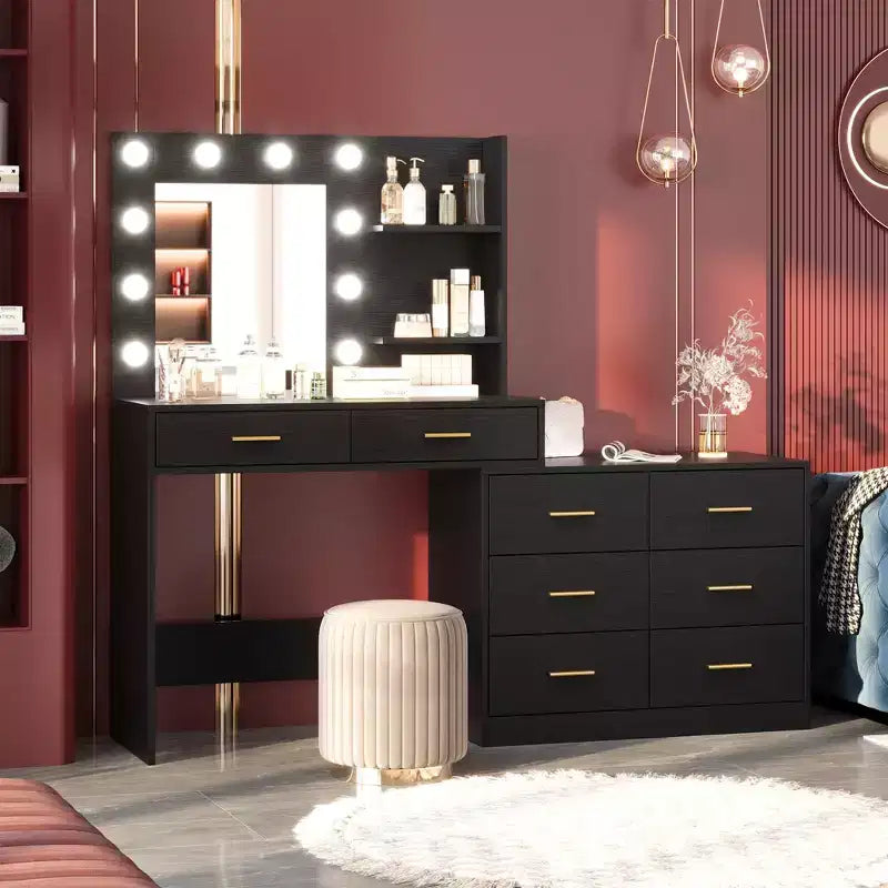 61 Inch Makeup Vanity Desk with Mirror and Lights, Vanity Table with 8 Drawers, 3 Color Modes Dimmable Lights, Shelves for Bedroom
