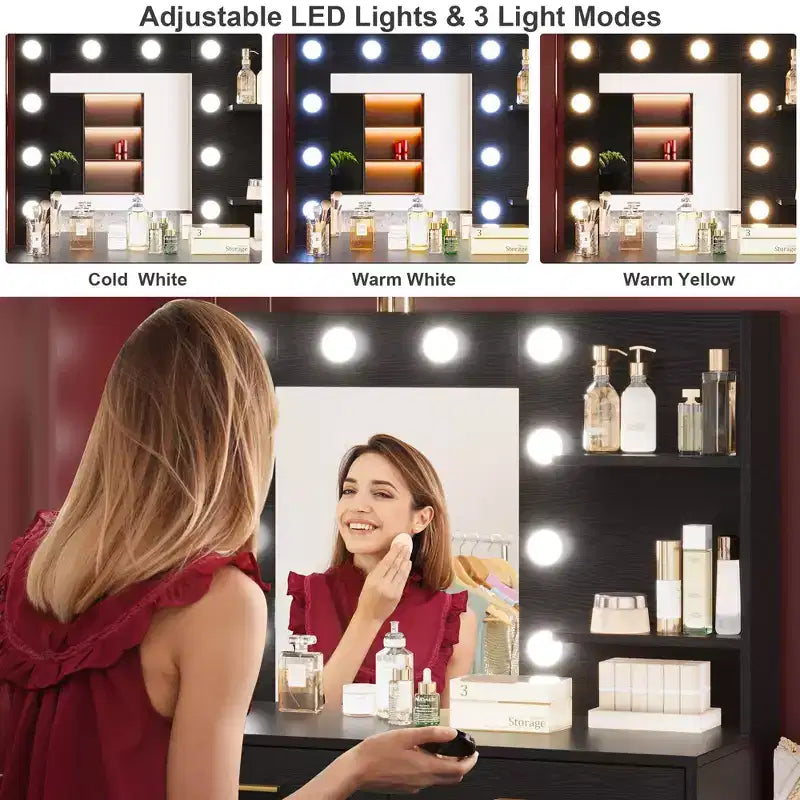 61 Inch Makeup Vanity Desk with Mirror and Lights, Vanity Table with 8 Drawers, 3 Color Modes Dimmable Lights, Shelves for Bedroom