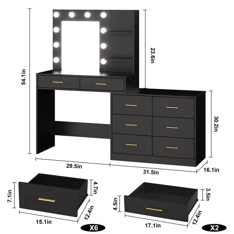 61 Inch Makeup Vanity Desk with Mirror and Lights, Vanity Table with 8 Drawers, 3 Color Modes Dimmable Lights, Shelves for Bedroom