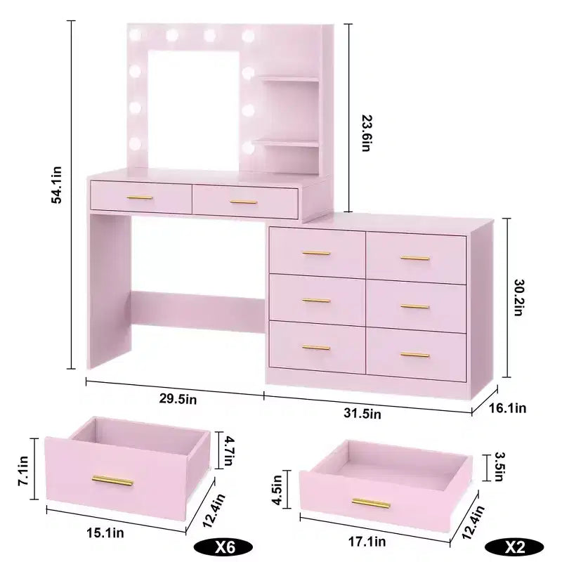 61 Inch Makeup Vanity Desk with Mirror and Lights, Vanity Table with 8 Drawers, 3 Color Modes Dimmable Lights, Shelves for Bedroom