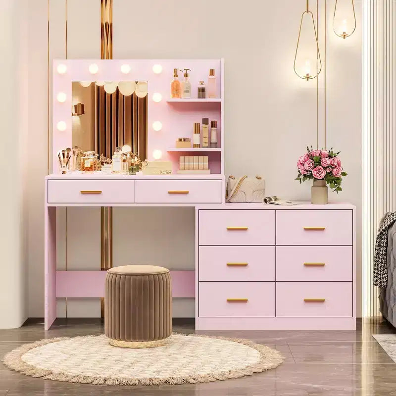 61 Inch Makeup Vanity Desk with Mirror and Lights, Vanity Table with 8 Drawers, 3 Color Modes Dimmable Lights, Shelves for Bedroom