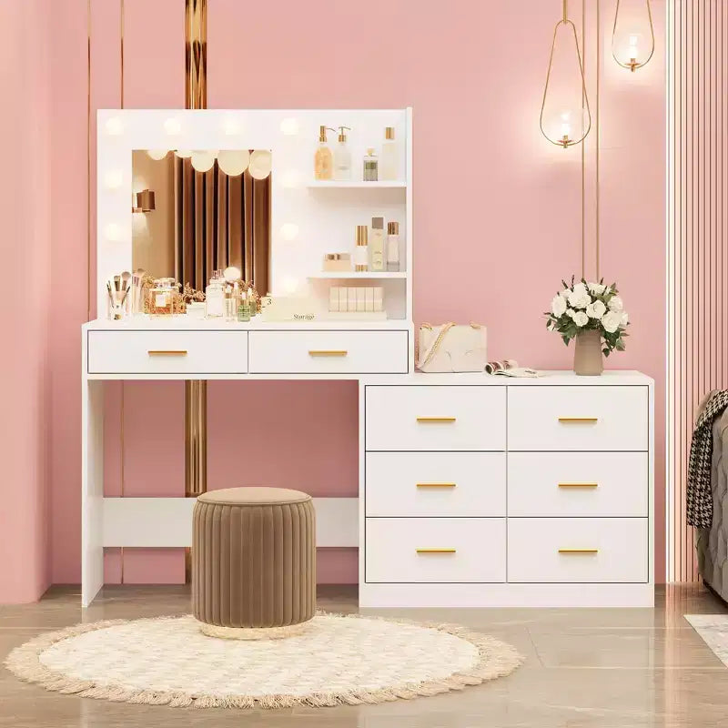 61 Inch Makeup Vanity Desk with Mirror and Lights, Vanity Table with 8 Drawers, 3 Color Modes Dimmable Lights, Shelves for Bedroom