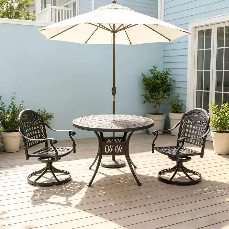 Ensemble de salle à manger de patio en fonte d'aluminium 3 pièces, 1 table ronde + 2 chaises pivotantes, cadre noir résistant à la rouille avec coussins bleus résistants à l'eau