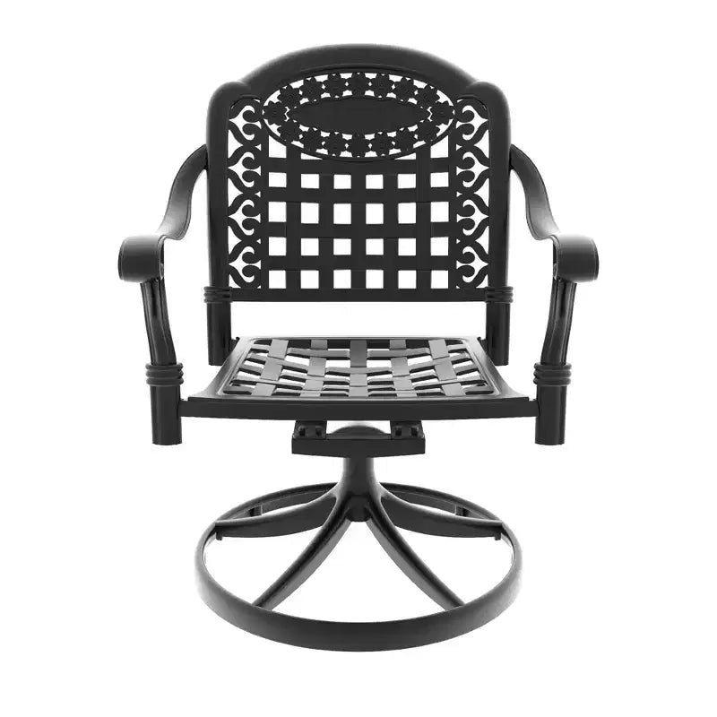 Ensemble de salle à manger de patio en fonte d'aluminium 3 pièces, 1 table ronde + 2 chaises pivotantes, cadre noir résistant à la rouille avec coussins bleus résistants à l'eau