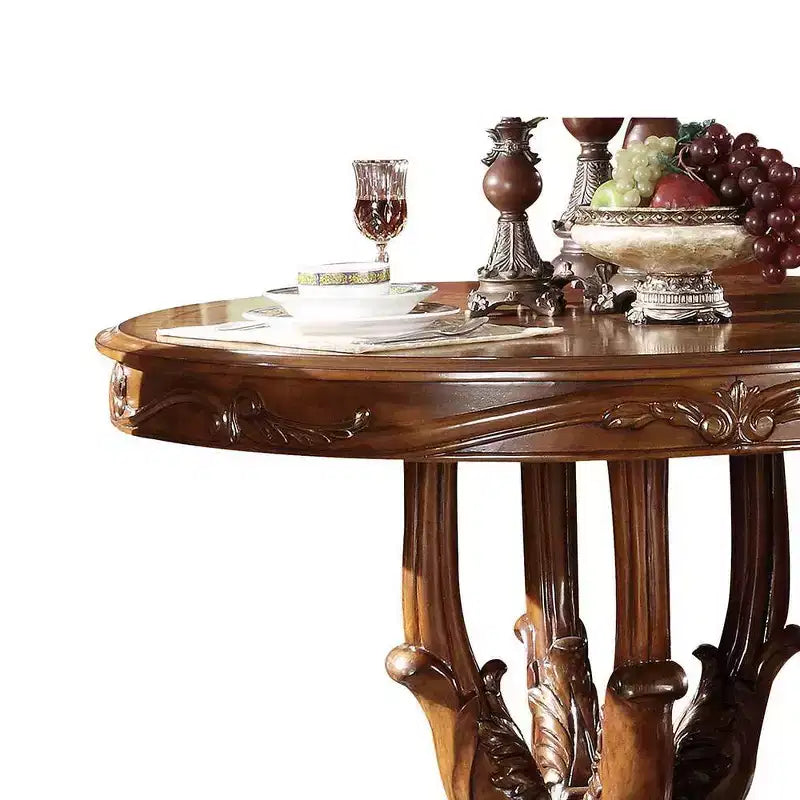 Round Dining Table, Cherry Oak Finish, Pedestal Base, Seats 4