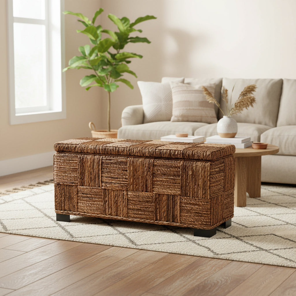 East at Main Marina Abaca Double Bench with Storage Brown: Handwoven, Flip-Top Lid, Coastal Design