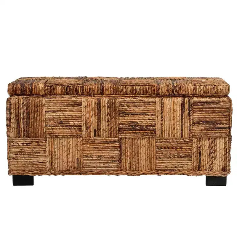 Abaca Double Bench with Storage, Handwoven, Flip-Top Lid, Coastal Design, Brown