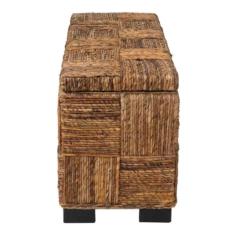 Abaca Double Bench with Storage, Handwoven, Flip-Top Lid, Coastal Design, Brown