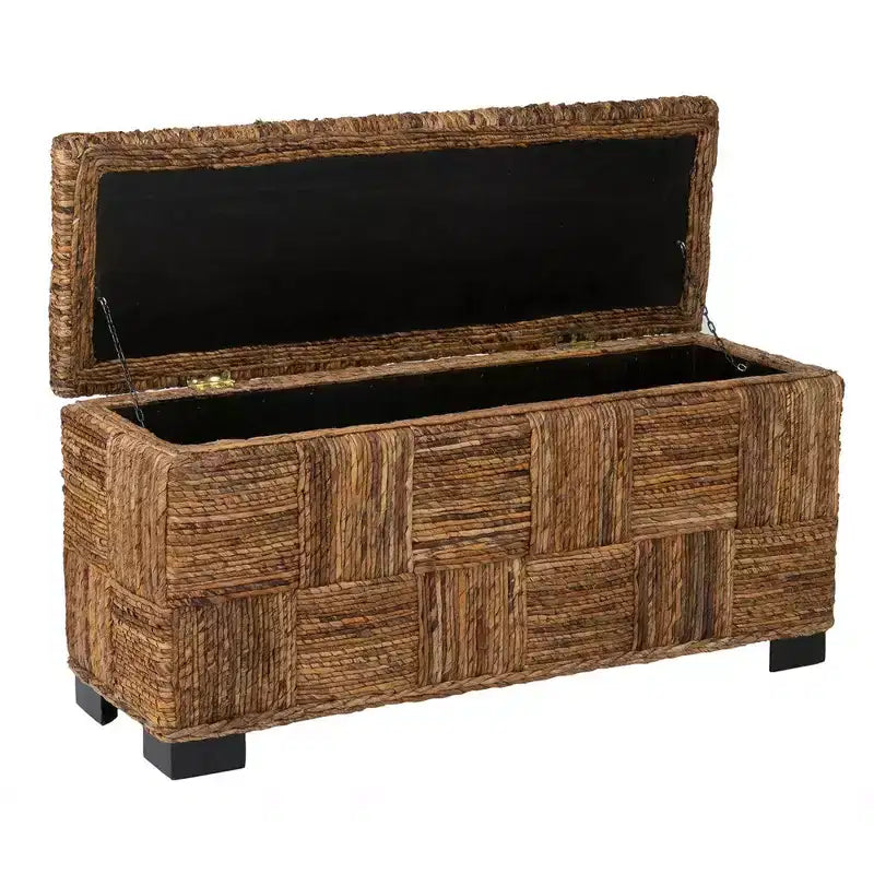 Abaca Double Bench with Storage, Handwoven, Flip-Top Lid, Coastal Design, Brown