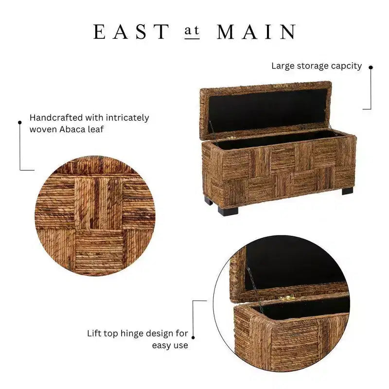 Abaca Double Bench with Storage, Handwoven, Flip-Top Lid, Coastal Design, Brown
