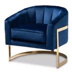 Fauteuil de salon en velours bleu - Capitonnage vertical, structure dorée, aucun assemblage requis