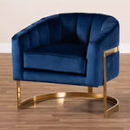 Fauteuil de salon en velours bleu - Capitonnage vertical, structure dorée, aucun assemblage requis