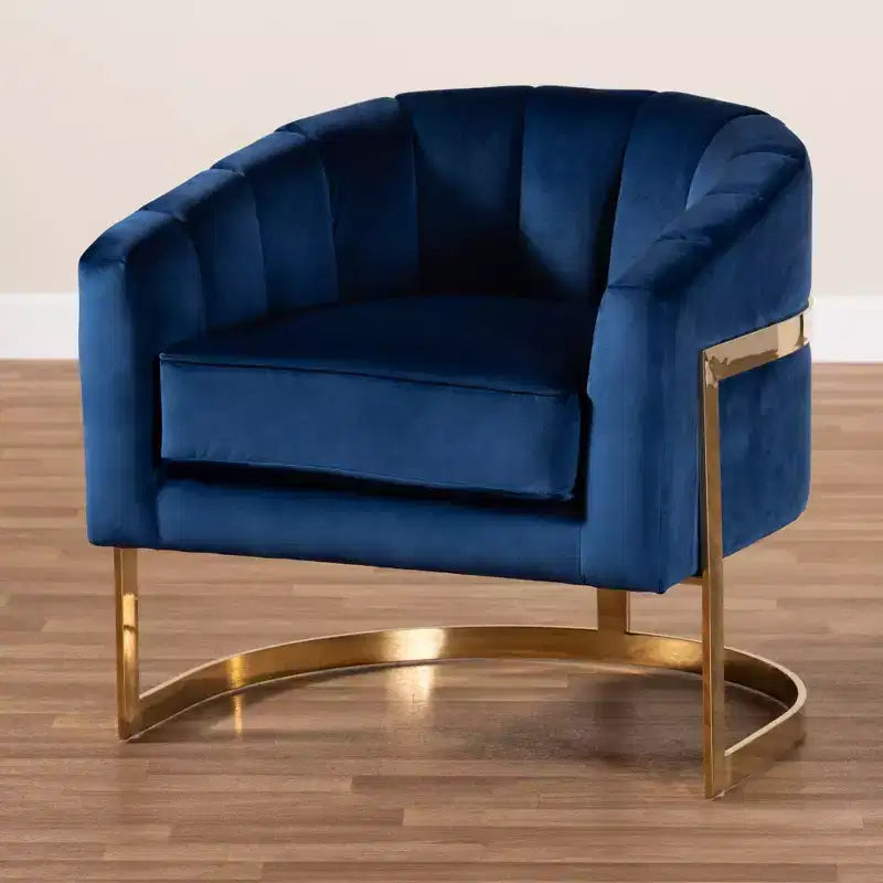 Velvet Lounge Chair Blue - Channel Tufted, Gold-Finished Frame, No Assembly