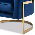 Fauteuil de salon en velours bleu - Capitonnage vertical, structure dorée, aucun assemblage requis