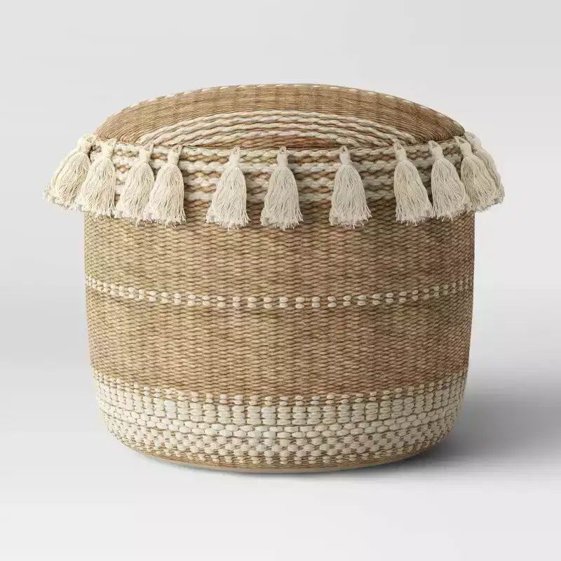 Jute Striped Round Pouf Ottoman with Tassels, Natural, Bohemian Style