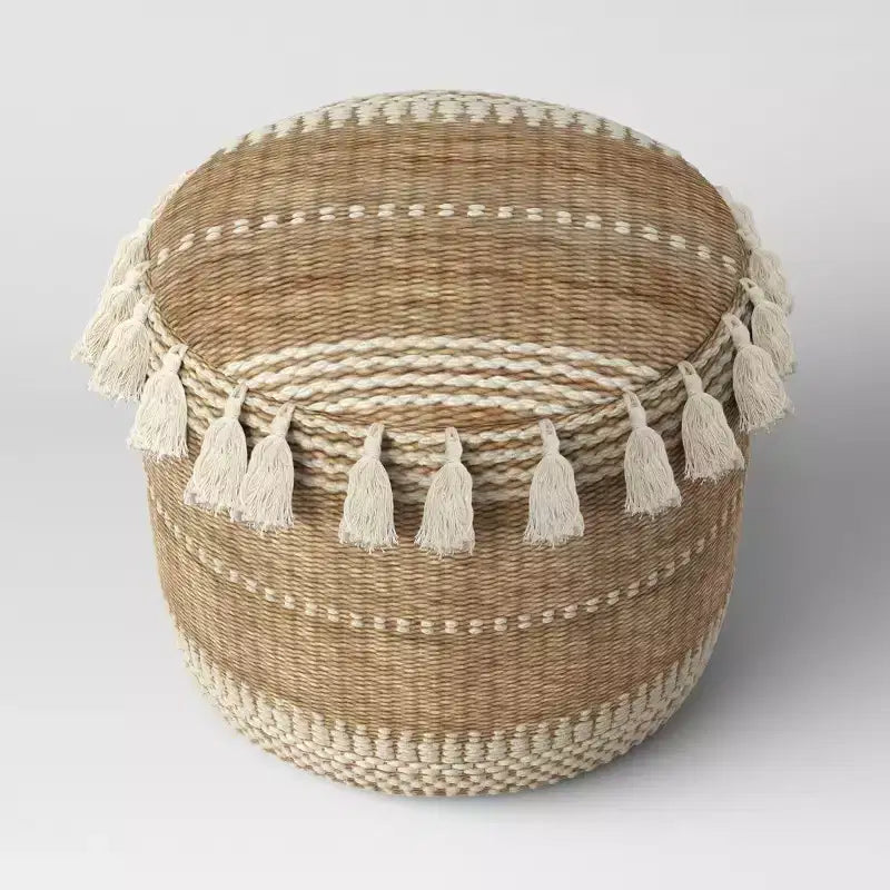 Jute Striped Round Pouf Ottoman with Tassels, Natural, Bohemian Style