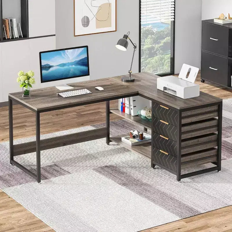59" Reversible L-Shaped Corner Desk with Storage Drawers, Gray