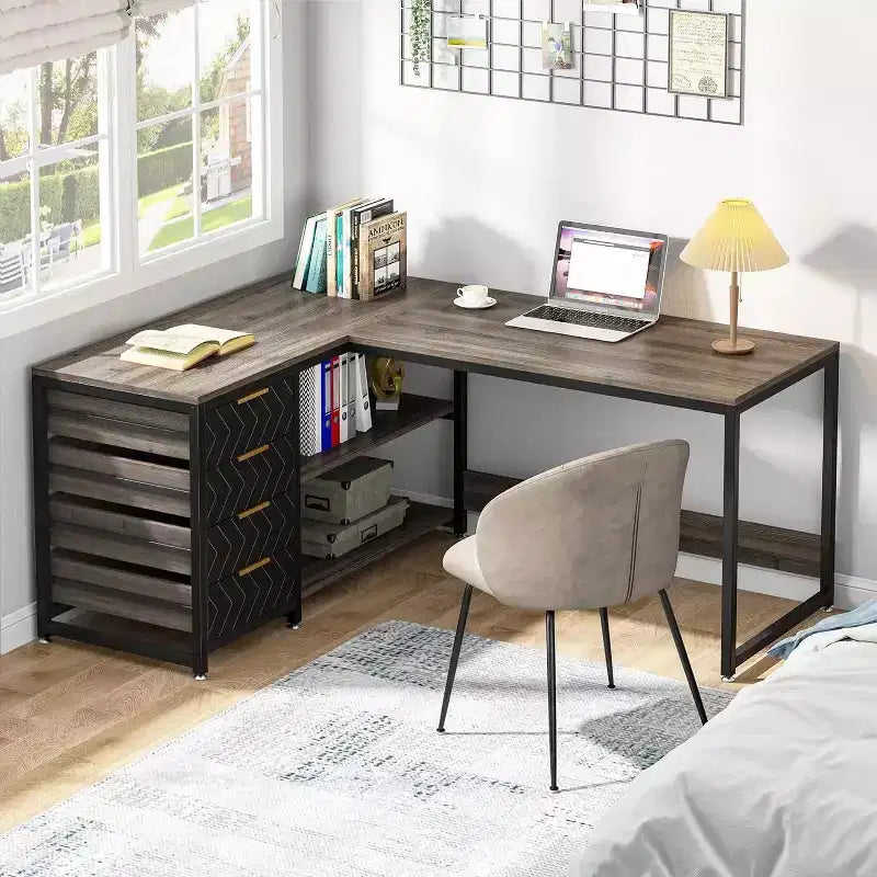 59" Reversible L-Shaped Corner Desk with Storage Drawers, Gray