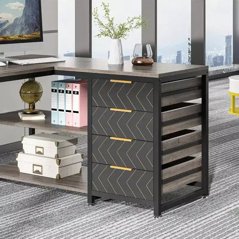 59" Reversible L-Shaped Corner Desk with Storage Drawers, Gray