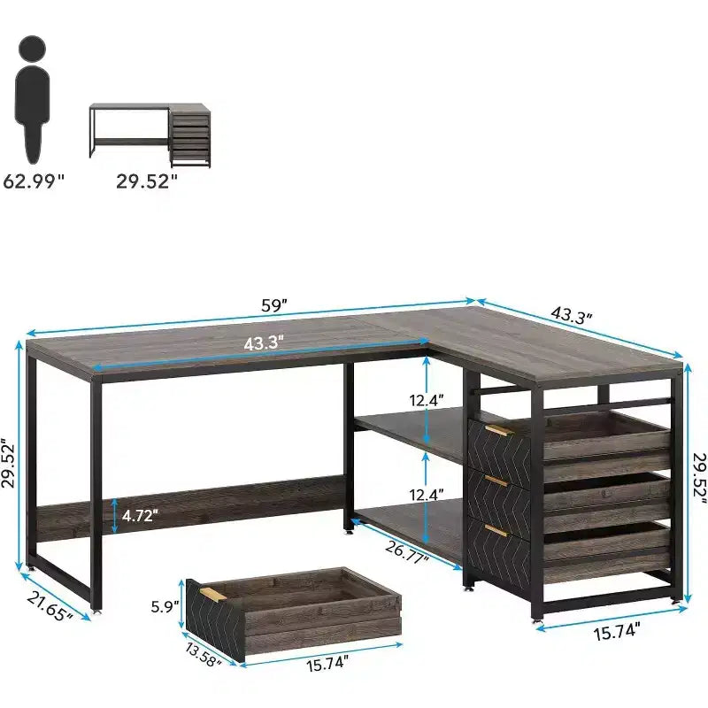 59" Reversible L-Shaped Corner Desk with Storage Drawers, Gray