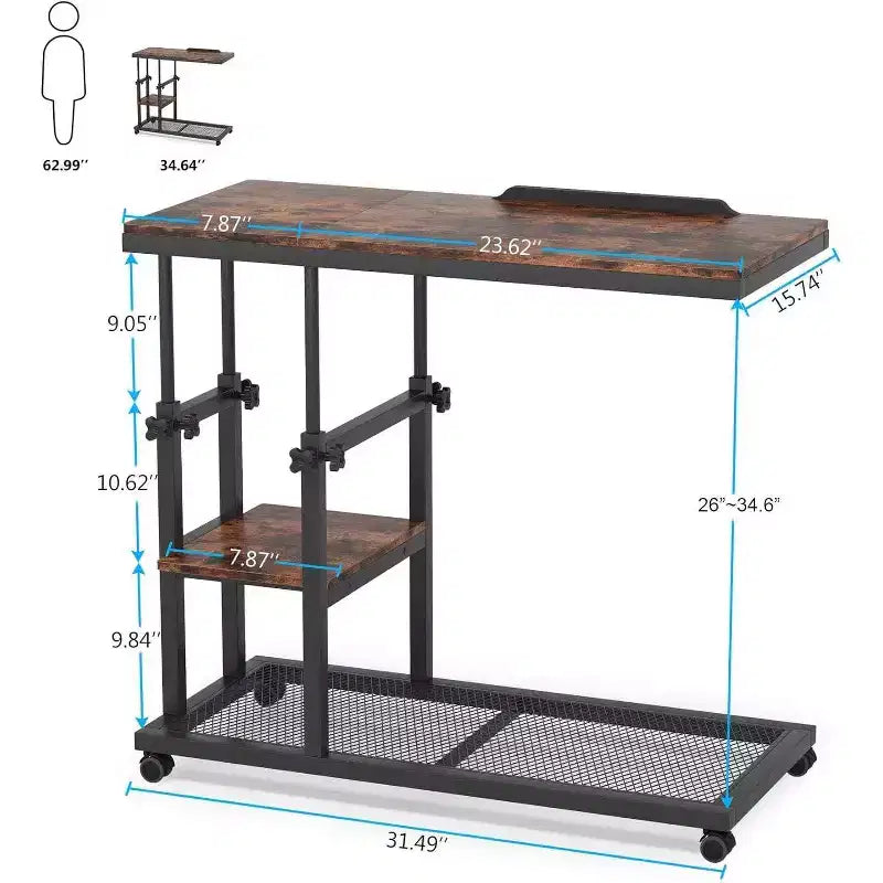 Mobile C-Type Adjustable Desk, Rustic Brown
