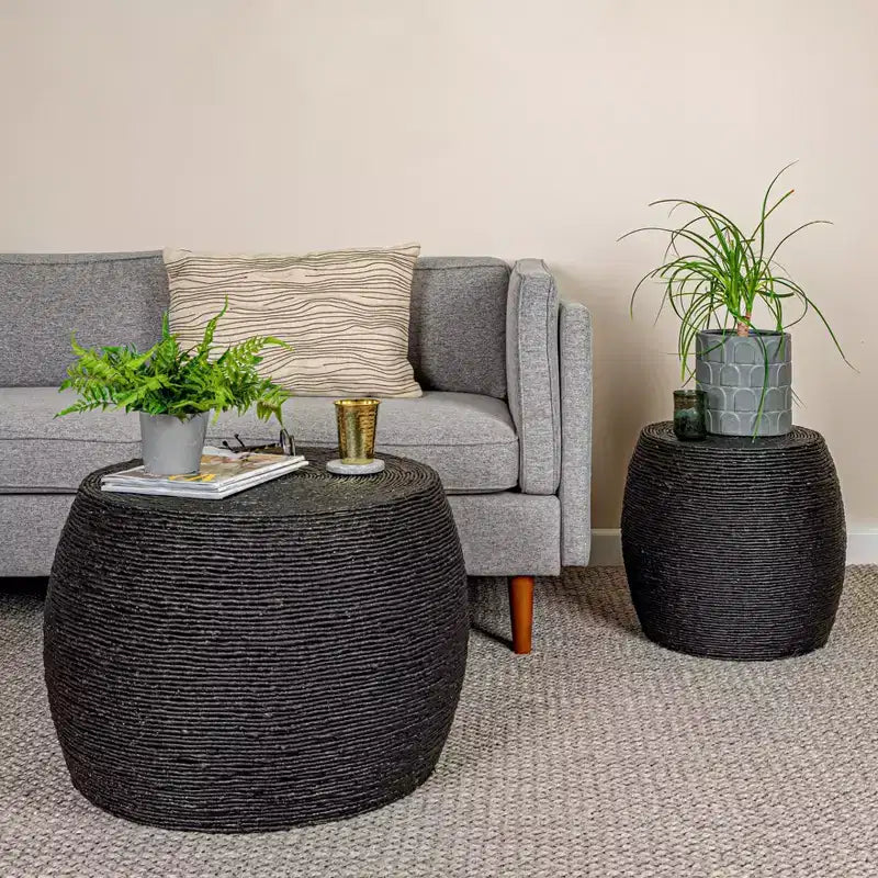 Round Rope Barrel Side Table, Black