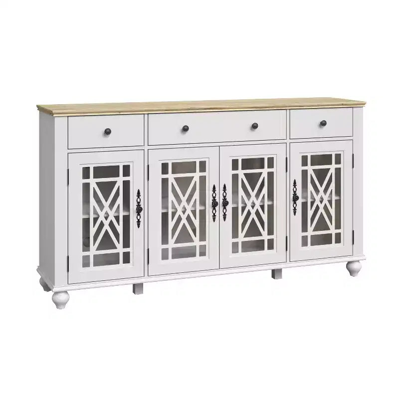 63" Vintage Style Buffet Sideboard Cabinet with Drawers and Glass Doors, White