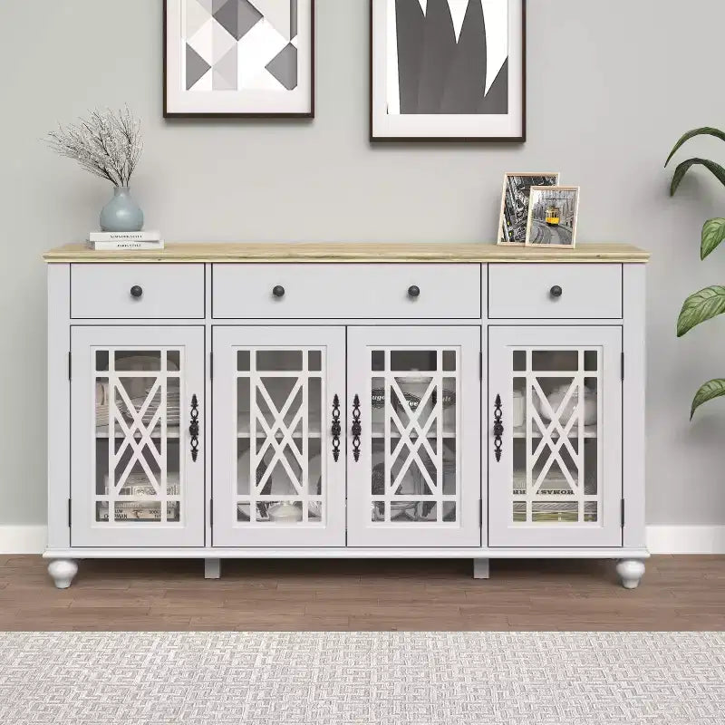 63" Vintage Style Buffet Sideboard Cabinet with Drawers and Glass Doors, White