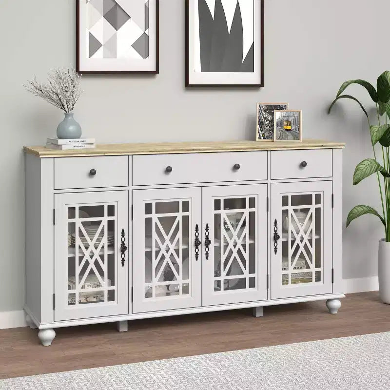 63" Vintage Style Buffet Sideboard Cabinet with Drawers and Glass Doors, White