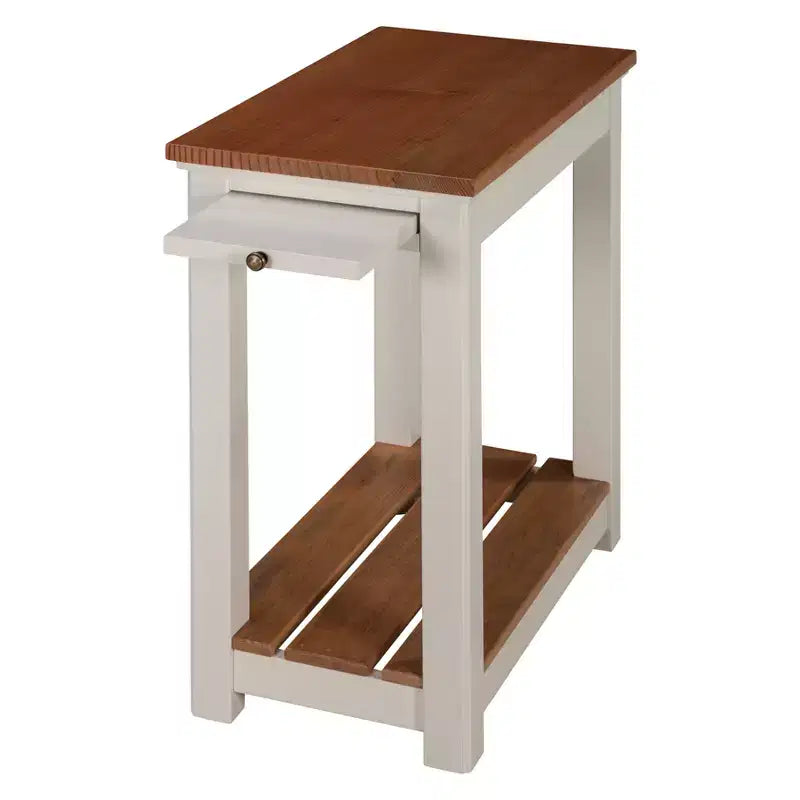 Chairside End Table with Pull-Out Shelf, Ivory with Natural Wood Top
