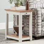 Table d'appoint de chevet avec étagère coulissante, Ivoire avec plateau en bois naturel