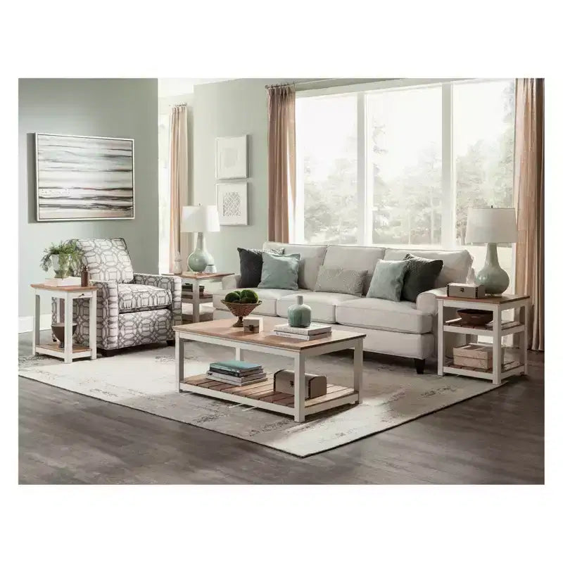 Chairside End Table with Pull-Out Shelf, Ivory with Natural Wood Top