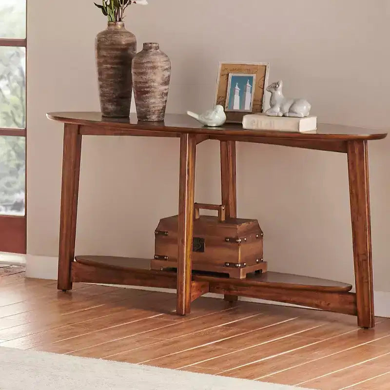 Mid Century Modern Console Table, Chestnut, 60" with Floating Shelf