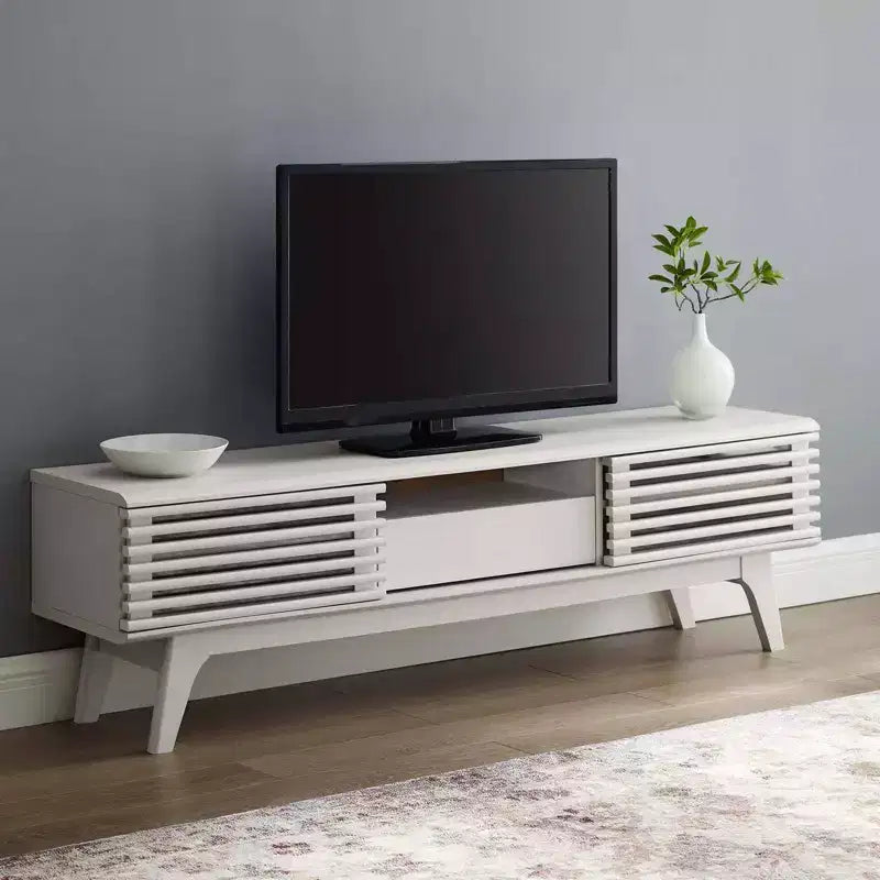 Mid-Century TV Stand for TVs up to 59", Walnut Grain, Sliding Doors