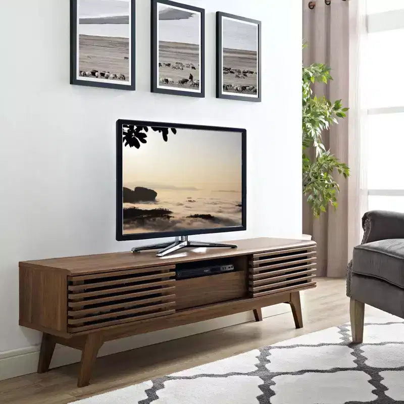Mid-Century TV Stand for TVs up to 59", Walnut Grain, Sliding Doors