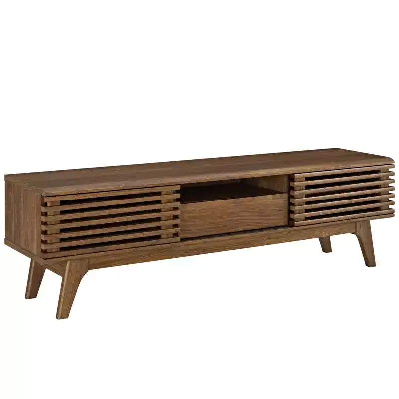 Mid-Century TV Stand for TVs up to 59", Walnut Grain, Sliding Doors