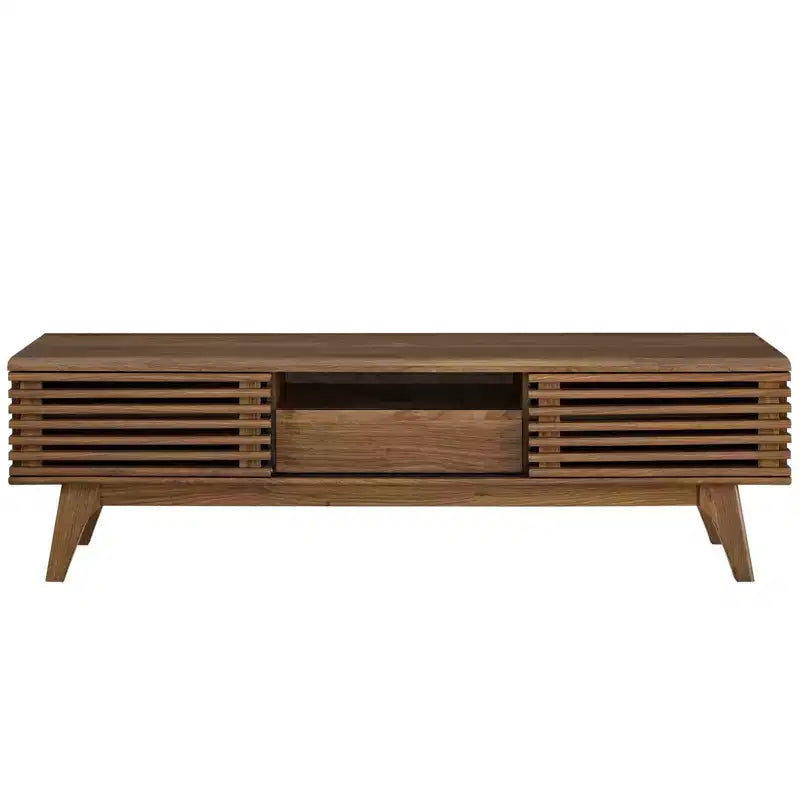 Mid-Century TV Stand for TVs up to 59", Walnut Grain, Sliding Doors