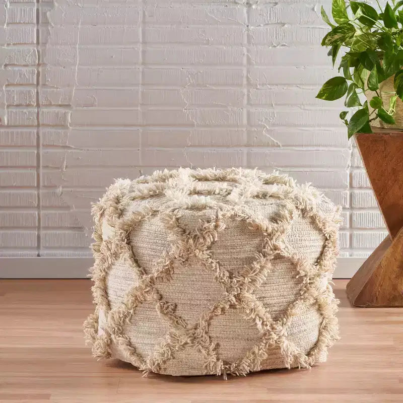 Handcrafted Boho Wool Cube Pouf with Fringe Accents