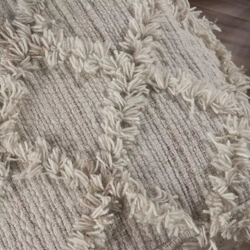 Handcrafted Boho Wool Cube Pouf with Fringe Accents