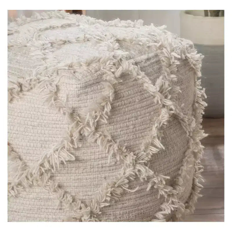 Handcrafted Boho Wool Cube Pouf with Fringe Accents