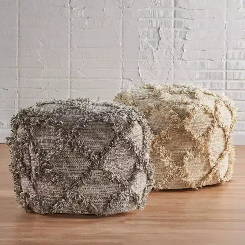 Handcrafted Boho Wool Cube Pouf with Fringe Accents