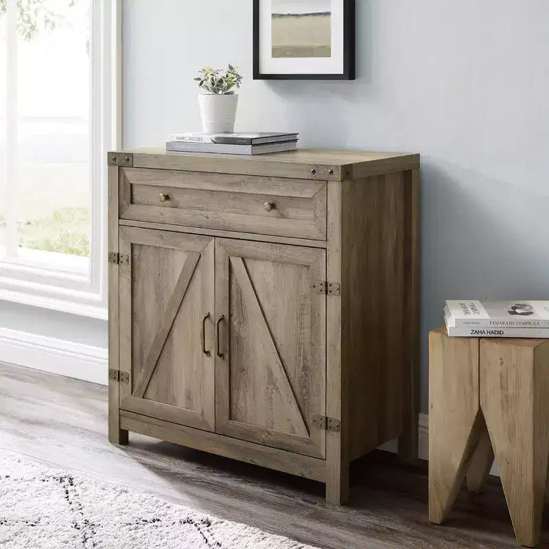 Rustic Farmhouse Barn Door Accent Cabinet with Drawer and Adjustable Shelf