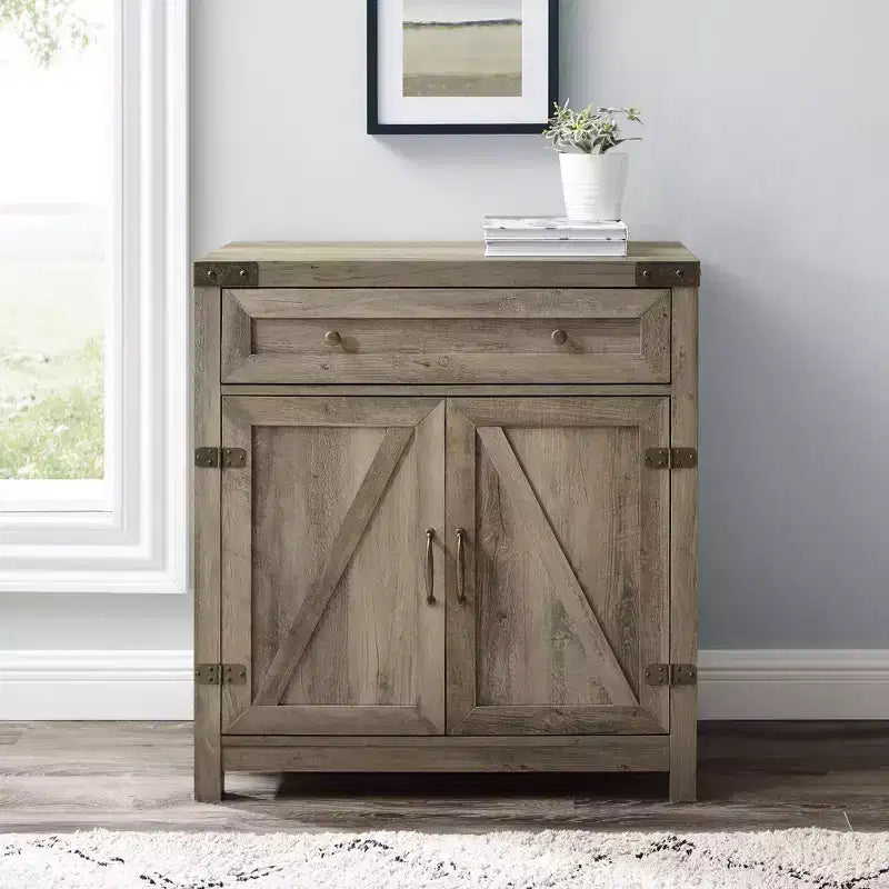 Rustic Farmhouse Barn Door Accent Cabinet with Drawer and Adjustable Shelf