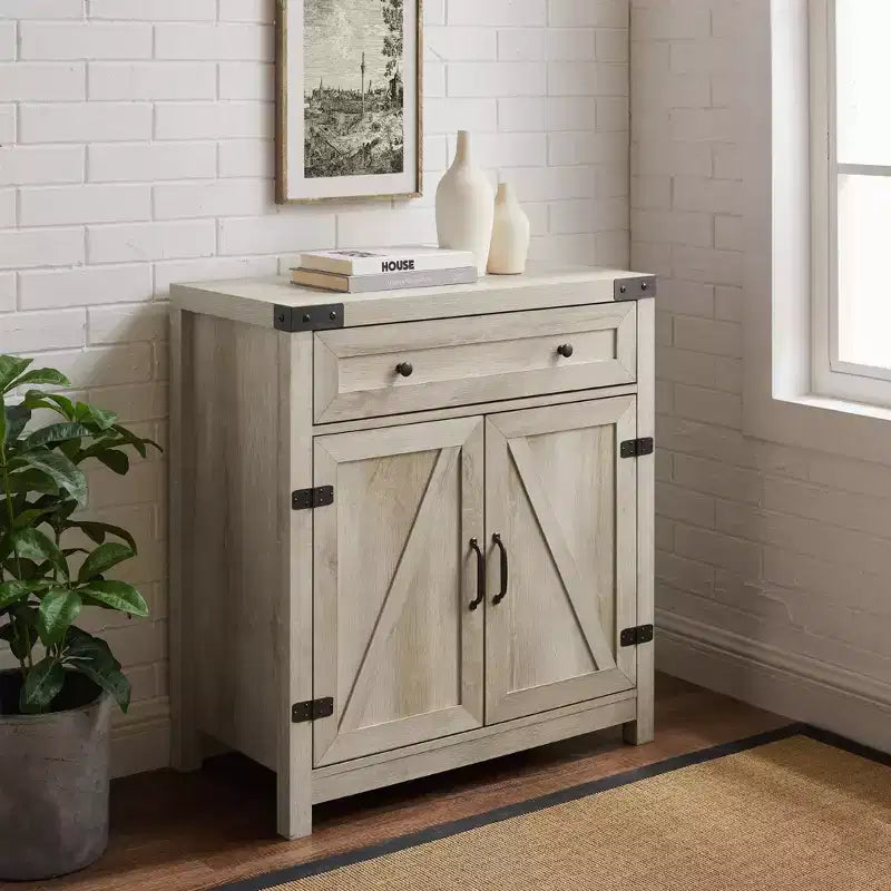 Rustic Farmhouse Barn Door Accent Cabinet with Drawer and Adjustable Shelf