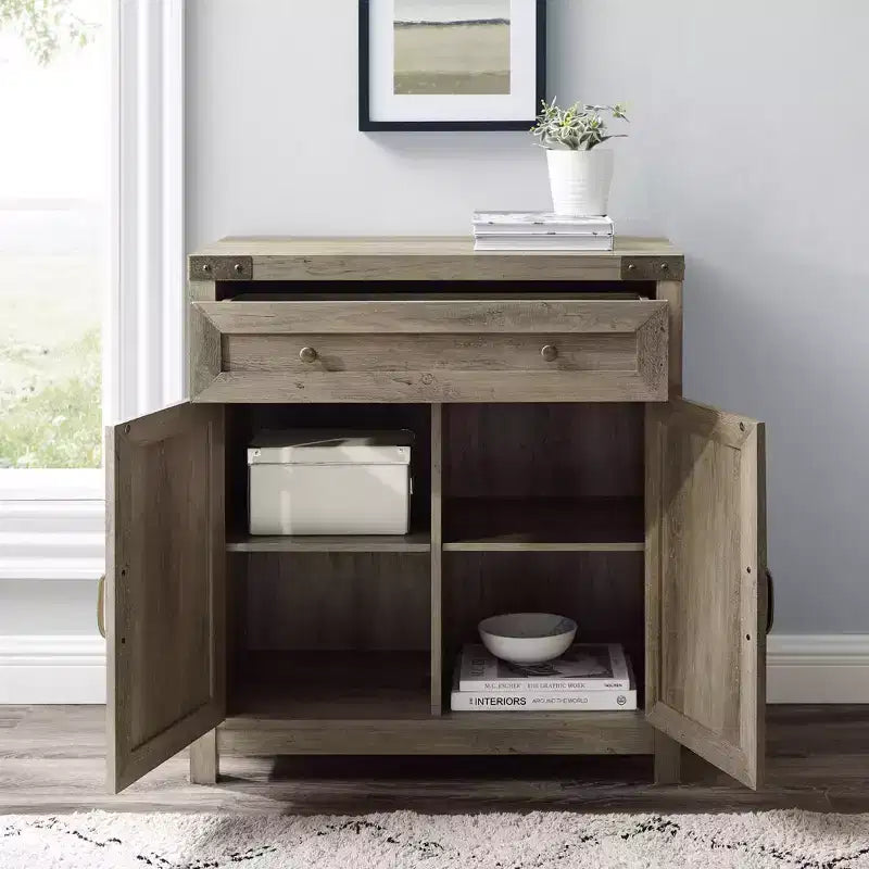 Rustic Farmhouse Barn Door Accent Cabinet with Drawer and Adjustable Shelf
