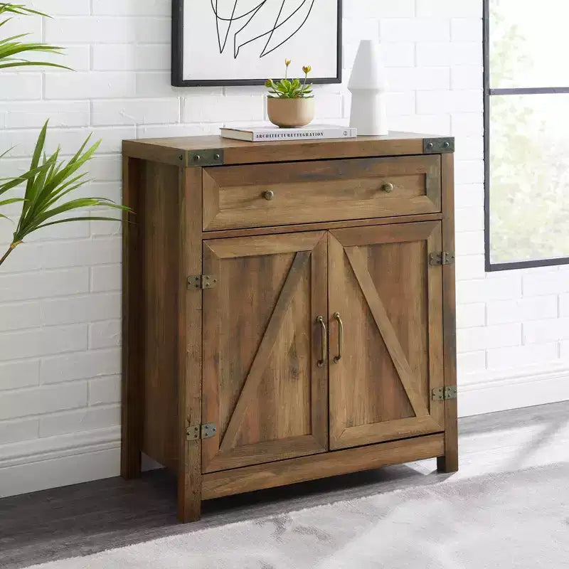 Rustic Farmhouse Barn Door Accent Cabinet with Drawer and Adjustable Shelf